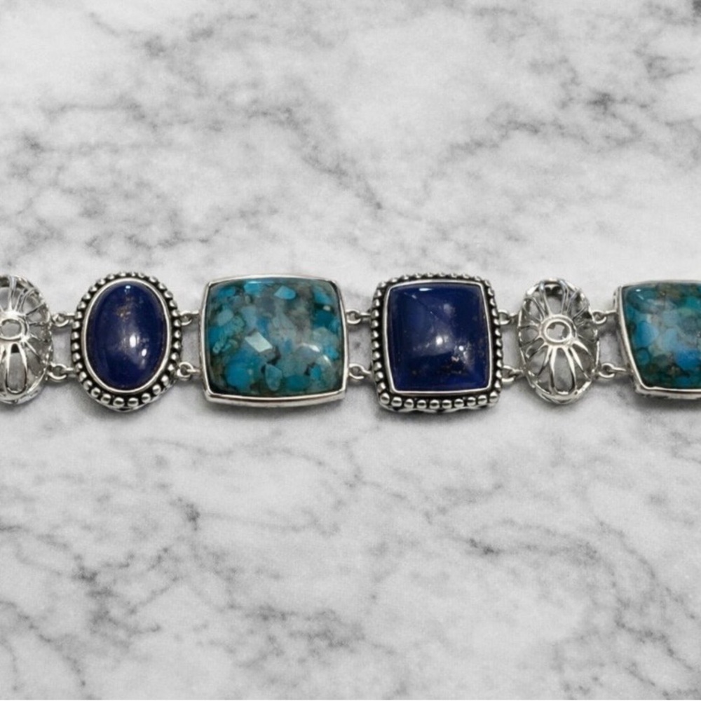 Sterling Silver Blue Lapis Lazuli and Turquoise Oval Link Bracelet